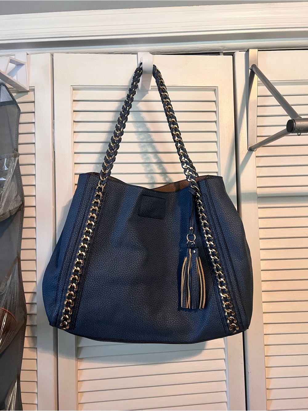 Navy Chain-Trim Tote Bag with Tassel